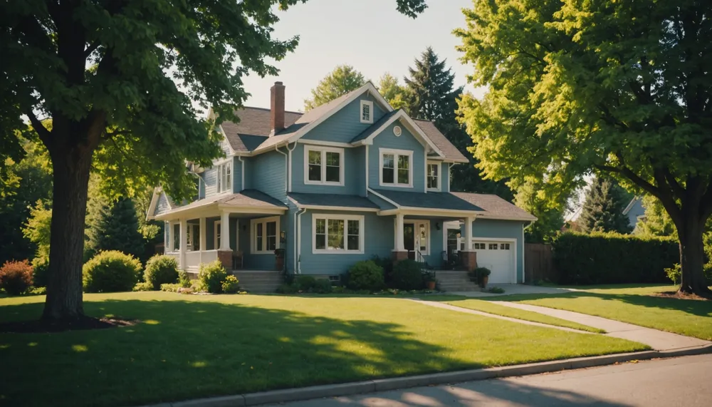 A serene landscape of a house in a quiet neighborhood surrounded by trees and a sunny sky