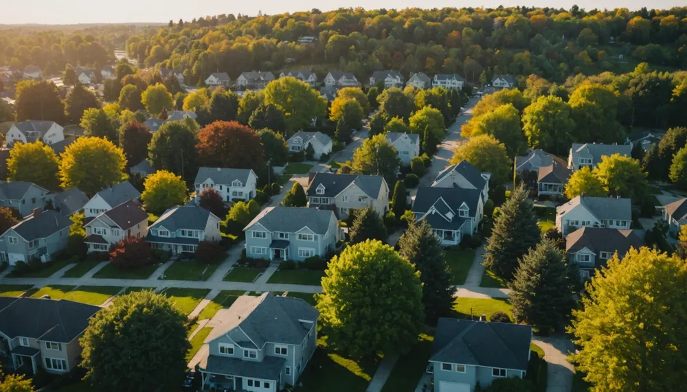 A serene landscape of a suburban neighborhood with trees and houses