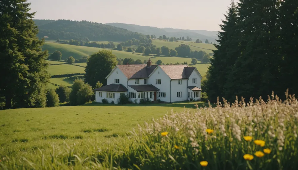 A serene landscape with a house in the distance, symbolizing a peaceful and secure home ownership experience