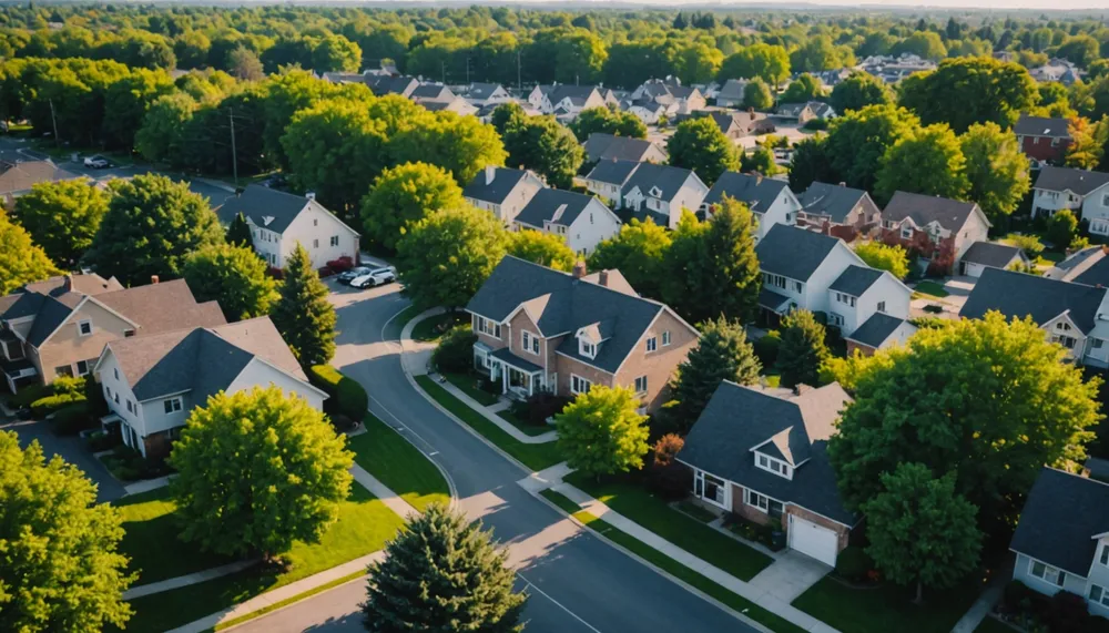 A serene landscape of a suburban neighborhood with trees and houses, conveying a sense of stability and security