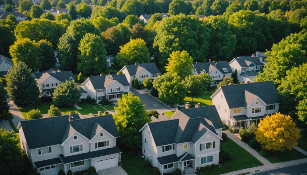 A serene landscape of a suburban neighborhood with trees and houses