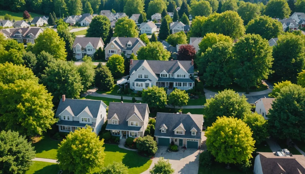 A serene landscape of a suburban neighborhood with trees and houses