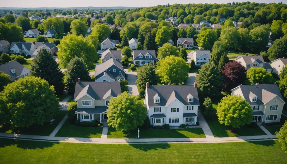 A serene landscape of a suburban neighborhood with trees and houses